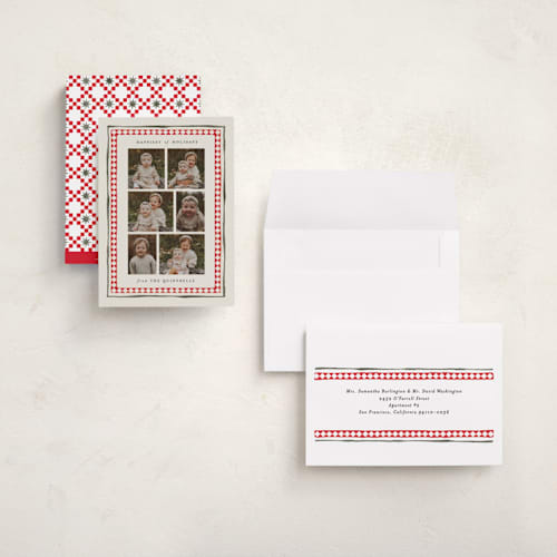 This is a candy cane holiday photo cards with standard by Jackie Crawford called holiday diamond border printing on signature in grand