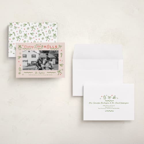 This is a pine holiday photo cards with standard by Alethea and Ruth called decking new halls drawing printing on signature in grand