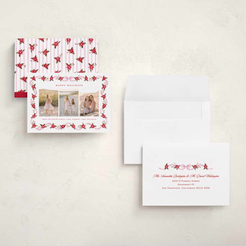 This is a gumdrop holiday photo cards with standard by Sarah Knight called poinsettia ribbon printing on signature in grand