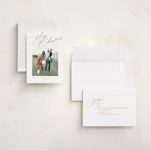 This is a golden holiday photo cards with standard by Jessica Williams called topper printing on recycled smooth signature in grand