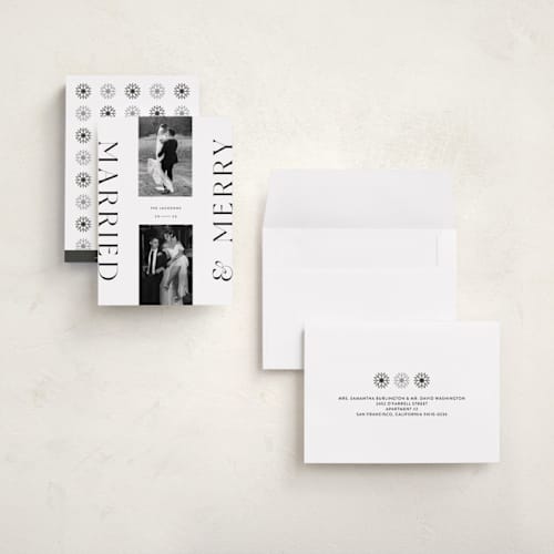 This is a snowflake holiday photo cards with standard by Laura Bercovich called merrily married printing on recycled smooth signature in grand