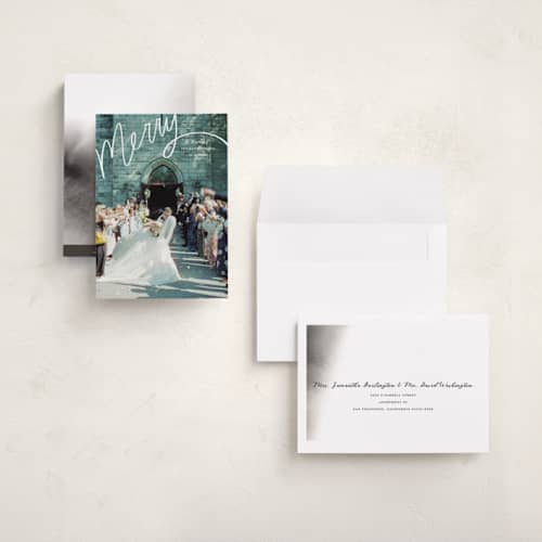 This is a wedding cake holiday photo cards with standard by Becky Nimoy called merry hand lettered script printing on recycled smooth signature in grand