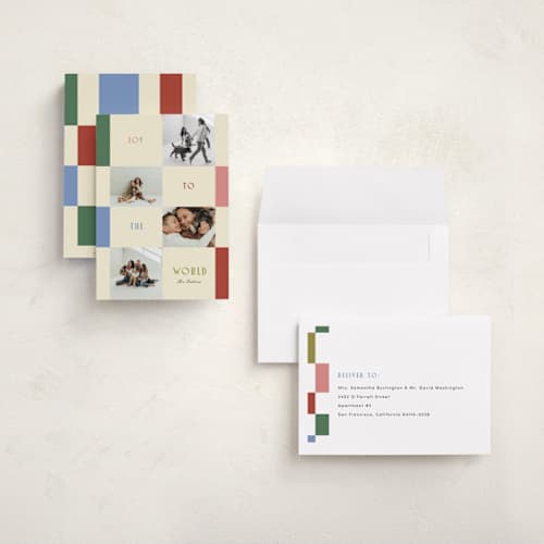 This is a punch holiday photo cards with standard by Pixel and Hank called joy collage printing on signature in grand
