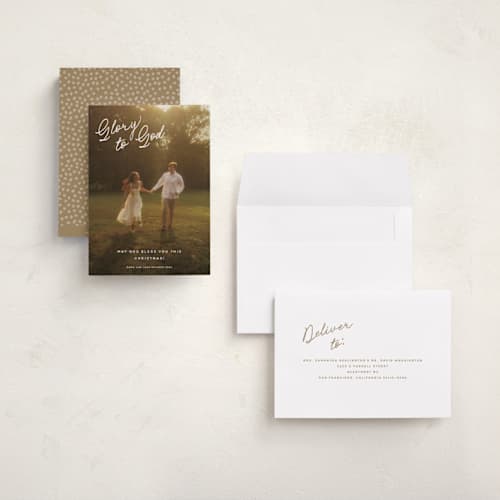 This is a cotton holiday photo cards with standard by Stacey Meacham called scripty corner printing on signature in grand