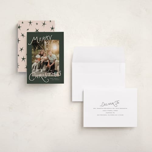 This is a pine holiday photo cards with standard by Pixel and Hank called tidings printing on signature in grand