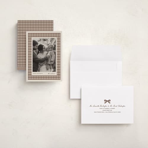 This is a chocolate holiday photo cards with standard by Stacey Meacham called cute gingham mat printing on signature in grand