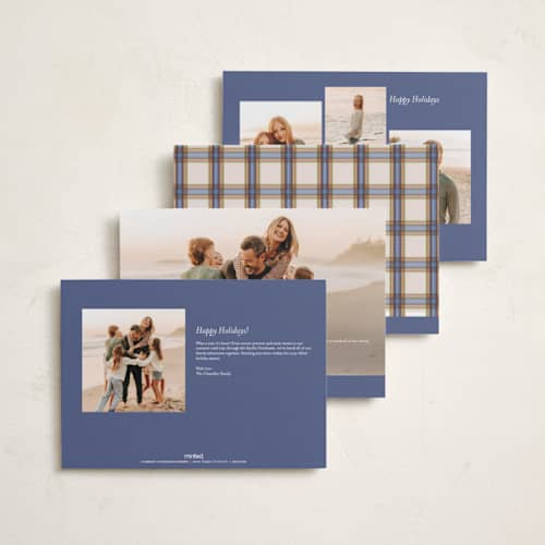 This is a cornflower holiday photo cards with standard by Olivia Kanaley Inman called taffeta tartan printing on recycled smooth signature in grand