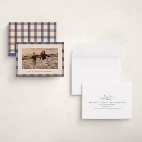 This is a cornflower holiday photo cards with standard by Olivia Kanaley Inman called taffeta tartan printing on recycled smooth signature in grand