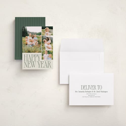 This is a pine holiday photo cards with standard by Brianne Larsen called bold serif printing on signature in grand