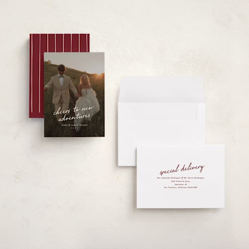 This is a creme holiday photo cards with standard by Owl and Toad called adventure printing on signature in grand