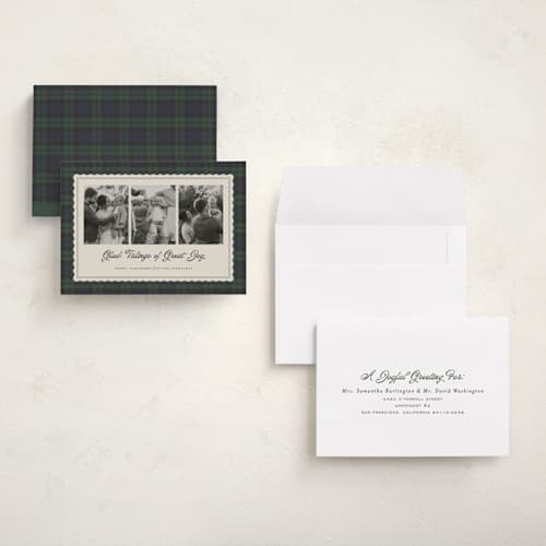 This is a spruce holiday photo cards with standard by Heather Schertzer called joyous plaid printing on signature in grand