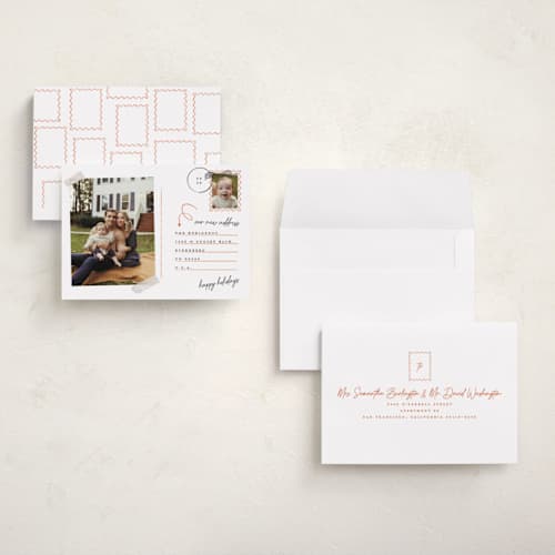 This is a cinnamon holiday photo cards with standard by Gwen Bedat called return address printing on recycled smooth signature in grand