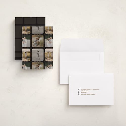 This is a black coffee holiday photo cards with standard by Meggy Masters called contact sheet printing on signature in grand