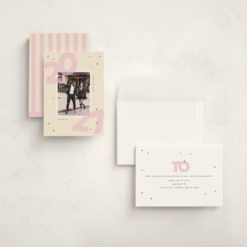 This is a blush holiday photo cards with standard by Ashley Iwafuchi called bold beginning printing on signature in grand