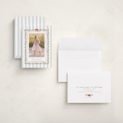 This is a winter mint holiday photo cards with standard by Everett Paper Goods called coastal garland printing on recycled smooth signature in grand