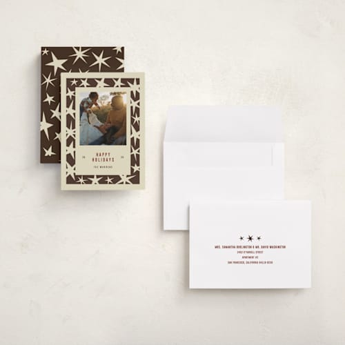 This is a almond holiday photo cards with standard by Angela Quan called star border printing on signature in grand