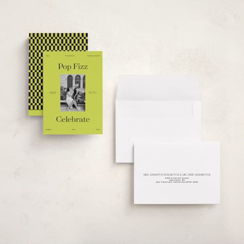 This is a lime holiday photo cards with standard by Rachel Cassel called neon printing on recycled smooth signature in grand