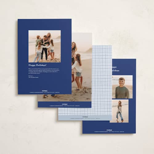 This is a chambray holiday photo cards with standard by Sarah Knight called gingham garland printing on signature in grand