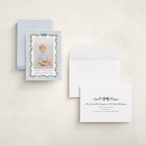 This is a chambray holiday photo cards with standard by Sarah Knight called gingham garland printing on signature in grand