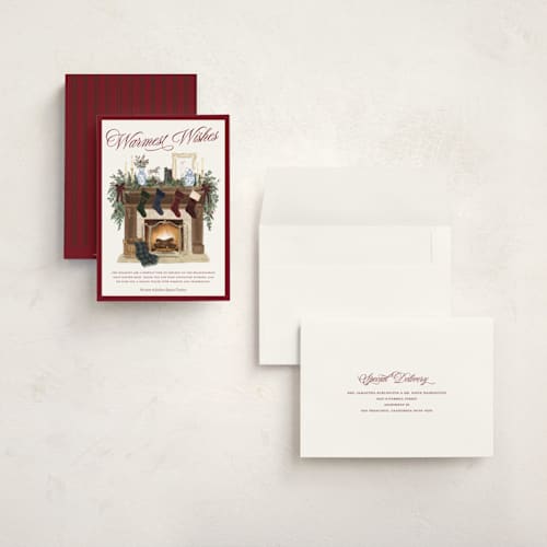 This is a stocking holiday photo cards with standard by Jenna Holcomb called fireplace printing on signature in grand