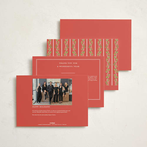 This is a cranberry holiday photo cards with standard by Erika Firm called holly ribbon printing on signature in grand