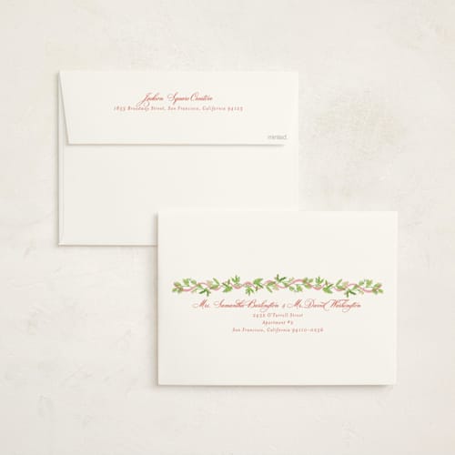 This is a cranberry holiday photo cards with standard by Erika Firm called holly ribbon printing on signature in grand