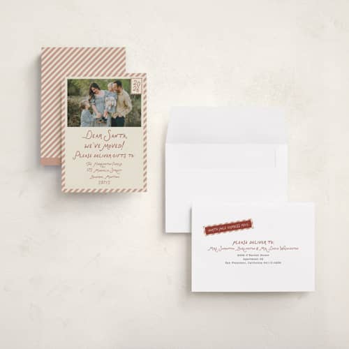 This is a toffee holiday photo cards with standard by Rebecca Dymon called dear santa, we've moved! printing on signature in grand