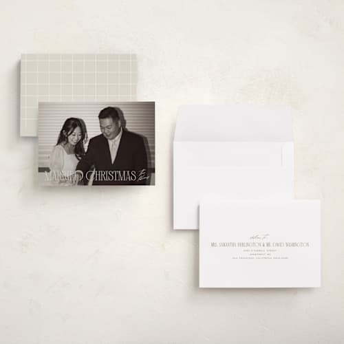 This is a champagne holiday photo cards with standard by Ellen Schlegelmilch called serif married christmas printing on recycled smooth signature in grand