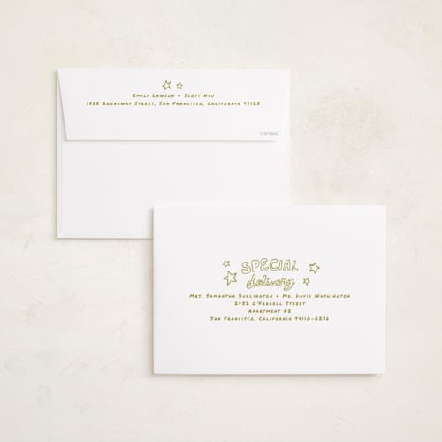 This is a chartreuse holiday photo cards with standard by Everett Paper Goods called casual written printing on signature in grand