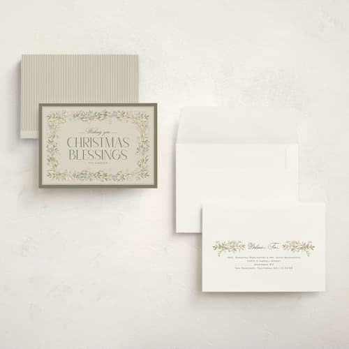 This is a sage holiday photo cards with standard by lori jacobs wemple called floral frame christmas printing on signature in grand