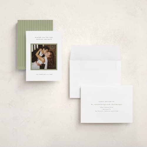 This is a sage holiday photo cards with standard by JoAnn Jinks called minimal border printing on signature in grand