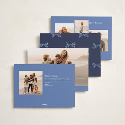 This is a navy holiday photo cards with standard by Sarah Knight called plaid ribbon printing on signature in grand