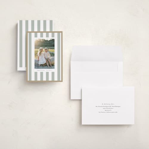 This is a sage holiday photo cards with standard by Angela Thompson called linen stripes printing on signature in grand