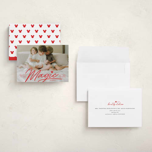 This is a santa suit holiday photo cards with standard by Carrie ONeal called disney's mickey magical season printing on recycled smooth signature in grand