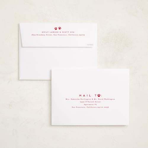 This is a cherry holiday photo cards with standard by Everett Paper Goods called here comes santa paws printing on recycled smooth signature in grand