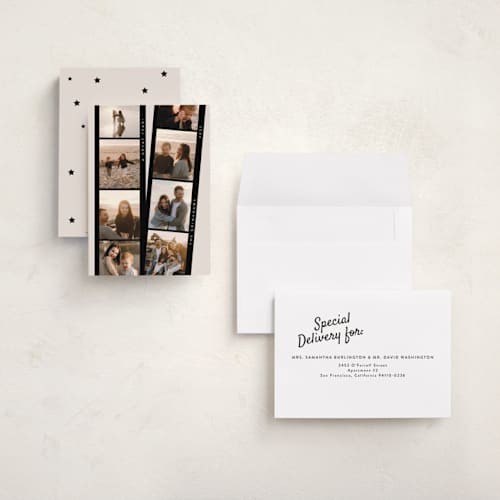 This is a eggnog holiday photo cards with standard by Tamara Hilje called film stories printing on signature in grand