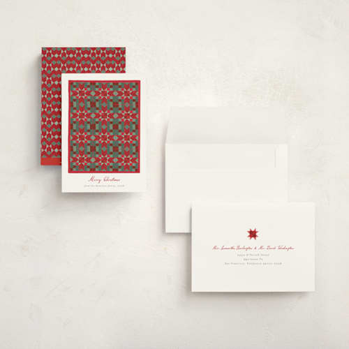 This is a cranberry holiday photo cards with standard by frau brandt called quilted stars printing on signature in grand