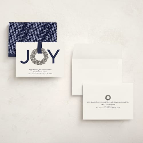 This is a blueberry holiday photo cards with standard by Sarah Brown called joy wreath printing on signature in grand