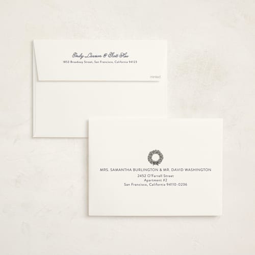 This is a blueberry holiday photo cards with standard by Sarah Brown called joy wreath printing on signature in grand