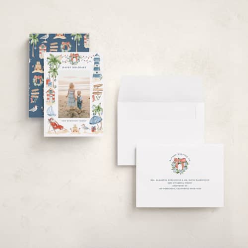 This is a sea salt holiday photo cards with standard by Sarah Knight called beach holidays printing on recycled smooth signature in grand