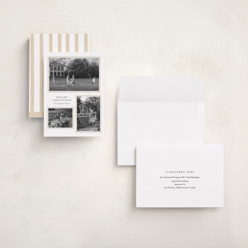 This is a ivory holiday photo cards with standard by Angela Thompson called triple frame printing on recycled smooth signature in grand
