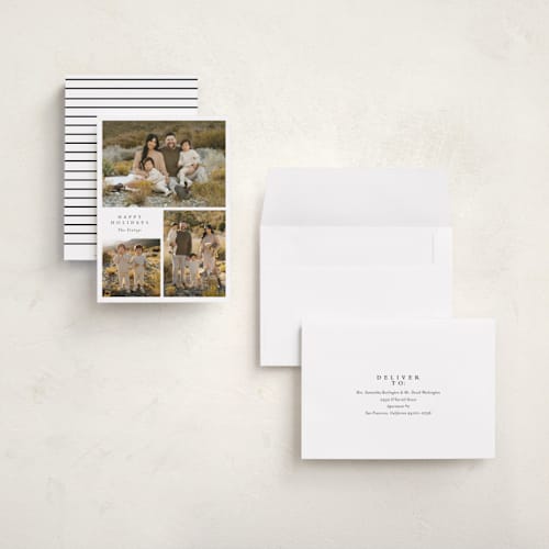 This is a snowflake holiday photo cards with standard by Angela Thompson called happy trio printing on recycled smooth signature in grand