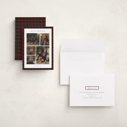This is a burgundy holiday photo cards with standard by Stacey Meacham called plaid collage printing on recycled smooth signature in grand