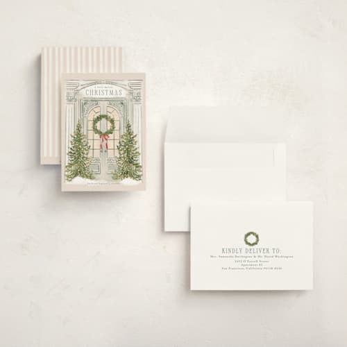 This is a ivory holiday photo cards with standard by Petra Kern called open the door printing on signature in grand