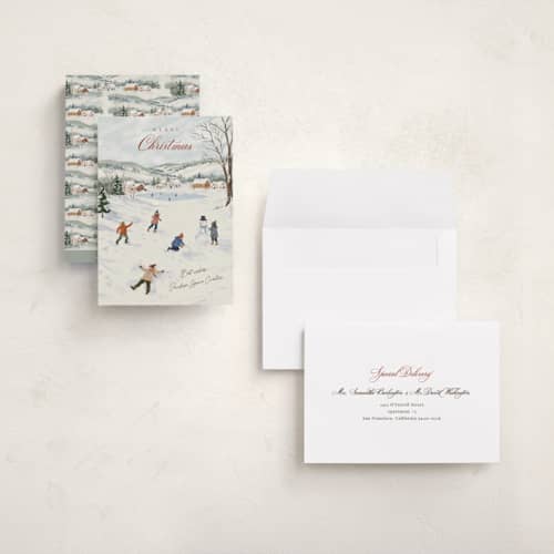 This is a winter holiday photo cards with standard by Elly called winter village printing on signature in grand