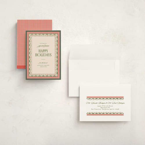 This is a santa suit holiday photo cards with standard by Creo Study called festive heritage printing on signature in grand