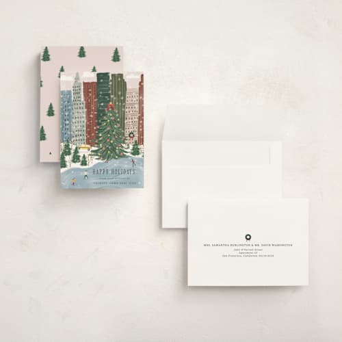 This is a winter rose holiday photo cards with standard by Anupama called city snow printing on signature in grand