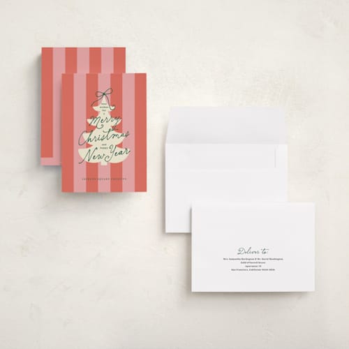 This is a candy holiday photo cards with standard by Louise Kay called merry snowy tree printing on signature in grand