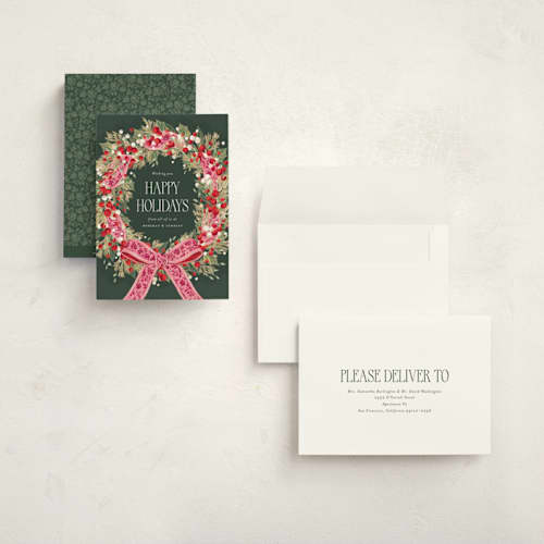This is a flamingo holiday photo cards with standard by Jackie Crawford called festive woven ribbon wreath printing on signature in grand