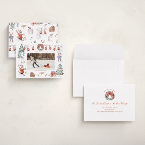 This is a santa suit holiday photo cards with standard by Sarah Knight called snow much fun printing on signature in grand